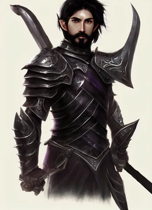 Image similar to Half-body portrait of an elven warrior with black hair and black facial hair in black armour holding a purple sword. In style of Hyung-tae Kim and Greg Rutkowski, concept art, trending on ArtStation, Korean MMORPG, over-detailed art, 4K, epic, dynamic lightning, dramatic pose.