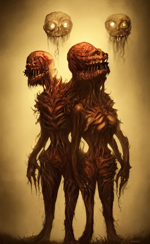 Image similar to full body portrait of of a two headed monster smiley creepily, dynamic lighting, photorealistic, fantasy concept art, ambient lighting, atmospherical, stunning visuals, creative, cinematic, ultra detailed, trending on art station