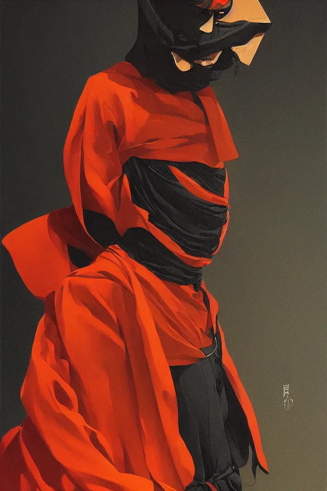 Image similar to sfumato renaissance oil painting of a ninja shaman, modern minimal isei miyake outfit, in the style of syd mead, jeremy cowart, concept art