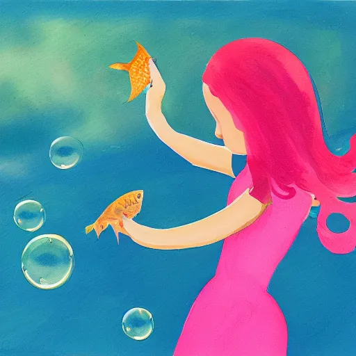 Image similar to young woman dreaming of bubbles and fish, concept art, gouache