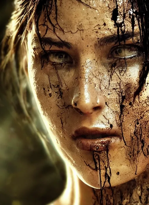 Image similar to a film still of lara croft as cop, her face muddy and sweat, direct sun light, close up potrait, cinematic,