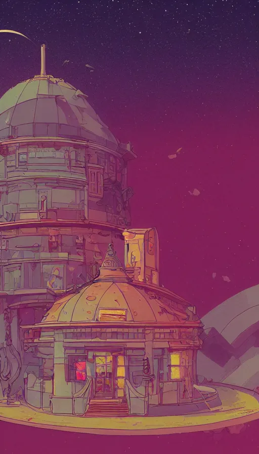 Image similar to magical observatory, sharp focus, james gilleard, moebius, print, risograph, cinematic, game art