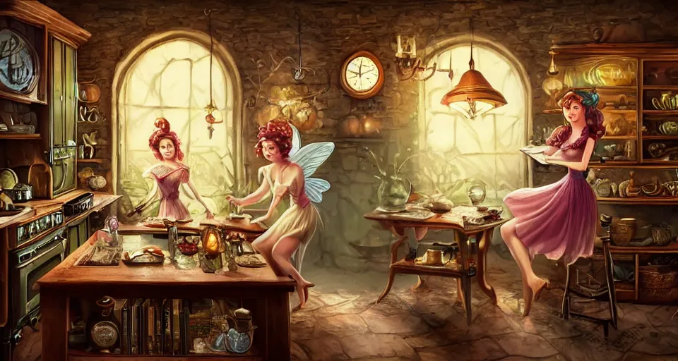 Image similar to a mid - shot of a fairy in a vintage magical kitchen, with one vintage book on a table, with a fireplace in the background d & d, fantasy, intricate, elegant, highly detailed, digital painting, artstation, concept art, smooth, sharp focus, illustration