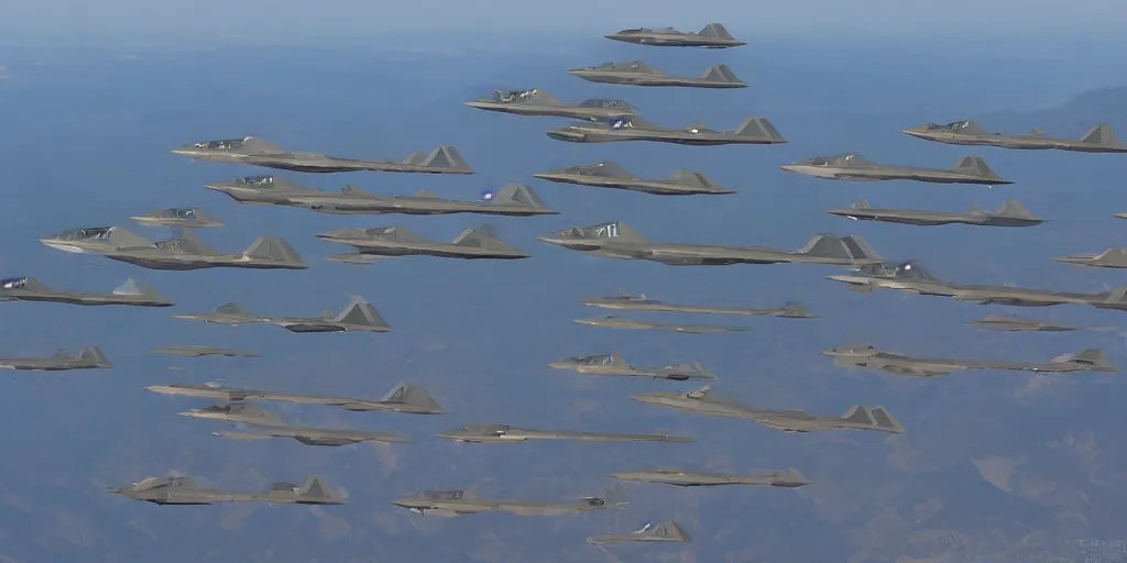 Image similar to an infinite convoy line of F-22's in the sky , extreme wide shot, infinite regression