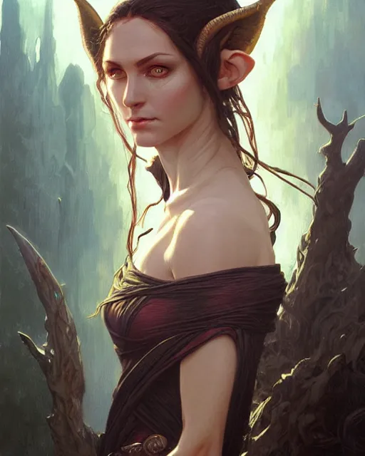 Image similar to portrait of an elven mage, dark, piercing eyes, gentle expression, elegant clothing, photorealistic, highly detailed, artstation, smooth, sharp focus, art by michael whelan, artgerm, greg rutkowski and alphonse mucha