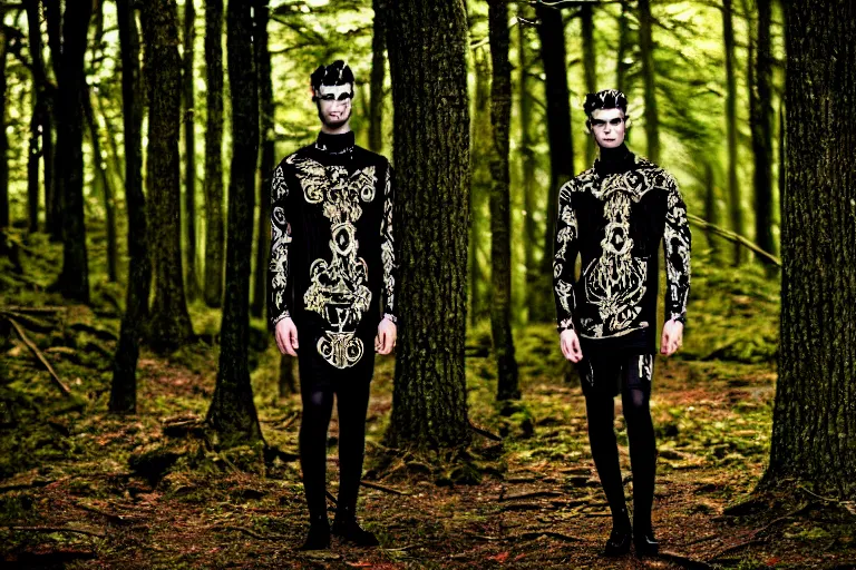 Prompt: versace avant garde male tunics intricate choatic textiles streetwear cyberpunk posing in the woods trees cloudy overcast dark late evening dramatic mysterious 3 5 mm professional