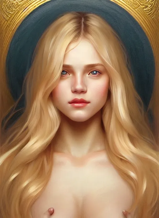 Prompt: beautiful feminine face! portrait of young woman blessed by god with ever - increasing physical mental perfection, blonde hair, symmetrical! intricate, elegant, highly detailed, holy perfection!! smile, plush lips, digital painting, artstation, concept art, smooth, sharp focus, illustration, art by artgerm and greg rutkowski and alphonse mucha