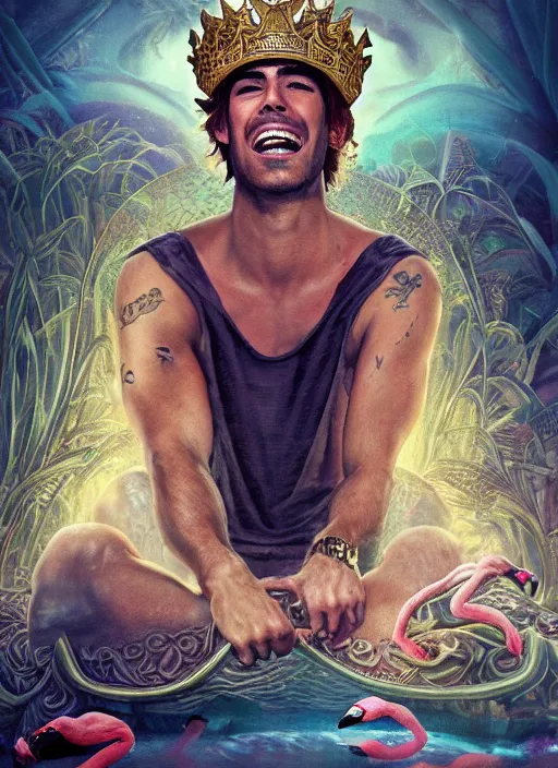 Prompt: athletic Atlantean king Enrique Iglesias grinning and wearing cholo sunglasses and a heavy bejeweled gold crown reclining poolside with a beautiful flamingo, steelpunk, ghibli studio, nekro, Tom Bagshaw, Craig Mullins, octane 8k, by brian froud, Trending on ArtStation