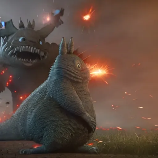 Prompt: cinematic photo of Totoro fighting Godzilla in Tokyo, cinematic, unreal engine, epic, explosions,