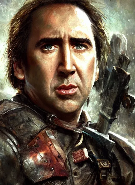 Prompt: highly realistic nicholas cage as a ranger painted by raymond swanland