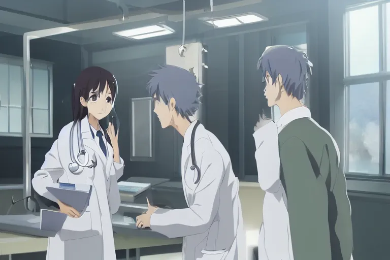 Image similar to a cute young female doctor wearing white coat are talking with an old surgeon in a hospital, slice of life anime, lighting, anime scenery by Makoto shinkai