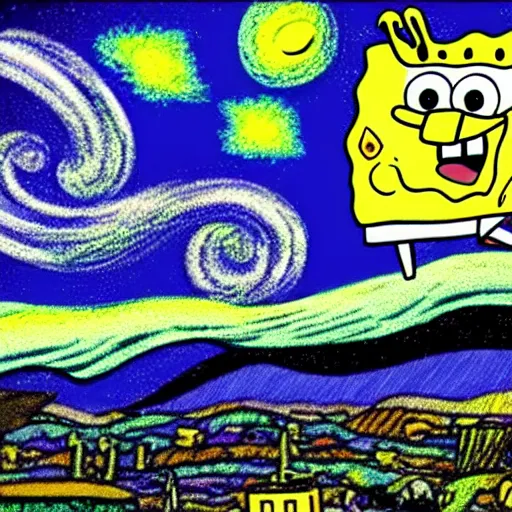 Image similar to a still from spongebob in the style of starry night