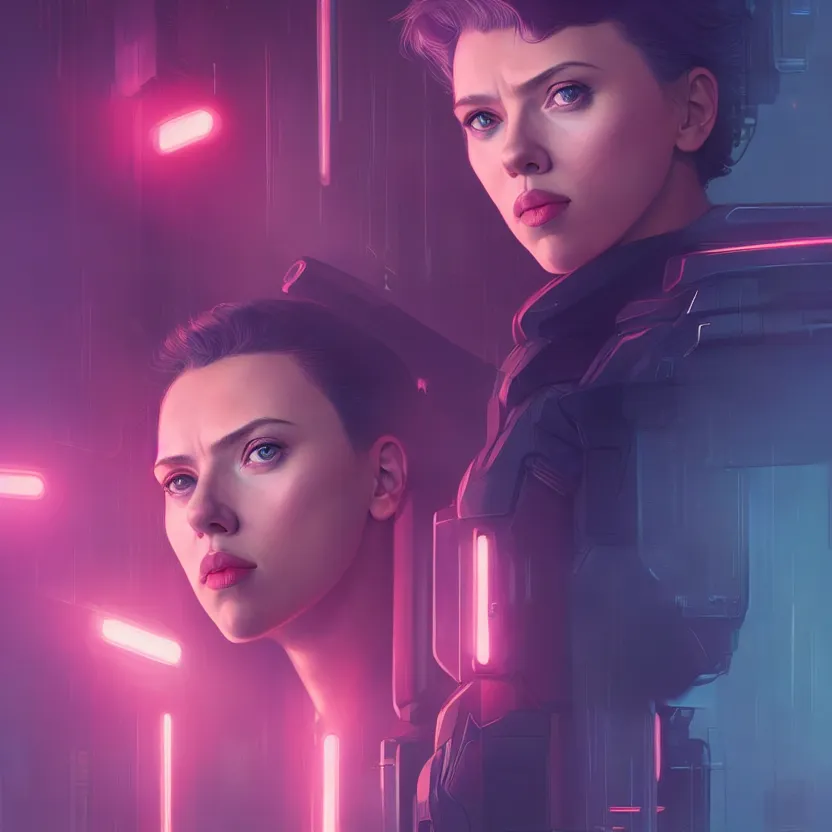 Image similar to 3 / 4 portrait, scarlett johansson as major mira killian from ghost in a shell, night, crop top, beautiful, in a modern city, neon signs, jewelry, artstation, william bouguereau, rossdraws, greg rutkowski, super detailed, realistic, octane render, volumetric, cinematic, 8 k