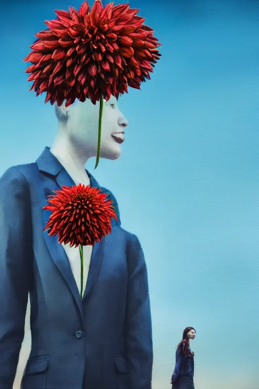 Image similar to closeup giant dahlia flower head, girl in a suit, street, surreal photography, blue sky, sunrise, dramatic light, impressionist painting, digital painting, artstation, simon stalenhag