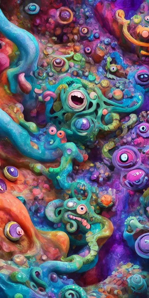 Image similar to of a colorful deep sea cave with strange cute friendly happy creatures with huge eyes, mouth, long tongue and round teeth appearing from sandy coral, in the style of gehry and gaudi, macro lens, shallow depth of field, ultra detailed, digital painting, trending artstation, concept art, illustration, cinematic lighting, photorealism, epic, octane render