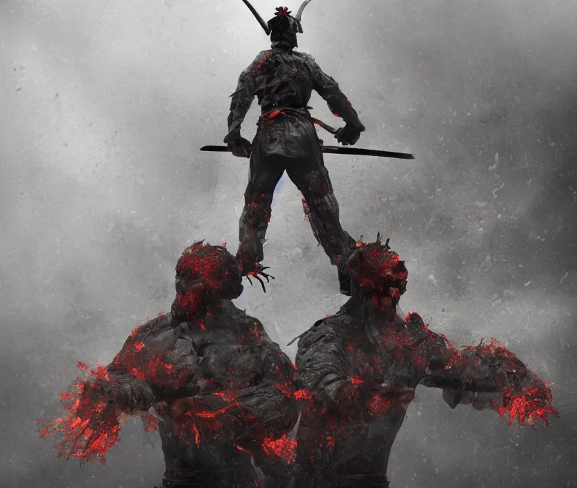 Image similar to samurai standing on a bunch of bodies with 6 arms , gloomy and foggy atmosphere, octane render, artstation trending, horror scene, highly detailded