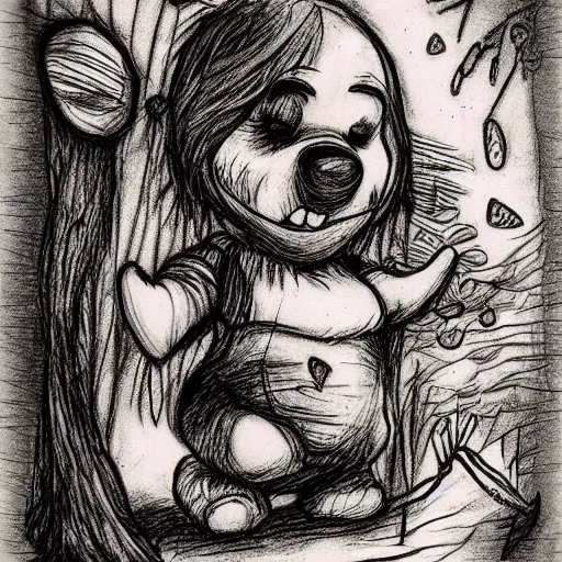 Image similar to grunge drawing of a cartoon winnie the pooh with blood by mrrevenge, corpse bride style, horror themed, detailed, elegant, intricate