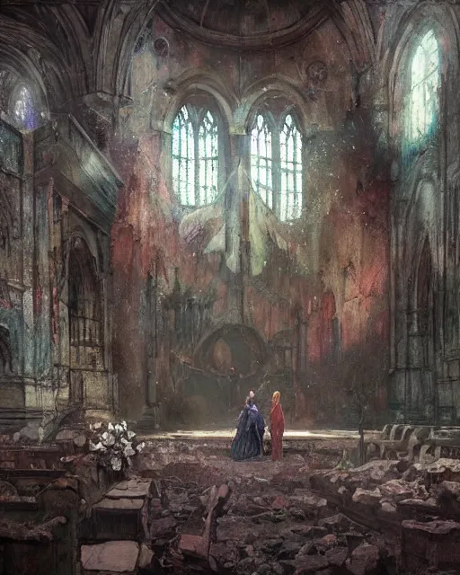 Image similar to a highly detailed epic cinematic concept art CG render digital painting artwork: old dead couple at a decayed church altar surrounded by dark figures. triadic color scheme, By Greg Rutkowski, in the style of Francis Bacon and Syd Mead and Edward Hopper and Norman Rockwell and Beksinski, open ceiling, highly detailed, painted by Francis Bacon, painted by James Gilleard, surrealism, airbrush, Ilya Kuvshinov, WLOP, Stanley Artgerm, very coherent, art by Takato Yamamoto and James Jean