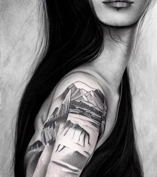 Image similar to a beautiful girl portrait, faded mountain background, realism tattoo, in the style of den yakovlev, black and white, hyper realistic, highly detailed