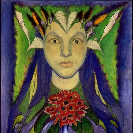 Prompt: painting of a facemask made of flowers, by annie swynnerton and jean delville and edward hopper and evelyn de morgan and rufino tamayo and diego rivera, art deco flower shaman, art brut, outsider art, symbolist, dramatic lighting, god rays, elaborate geometric ornament, clean crisp graphics, smooth sharp focus, extremely detailed, adolf wolfli