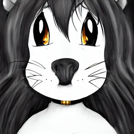 Image similar to headshot of young female furry, D&D, cute, fantasy, intricate, long hair, dark grey skin, mouse face, mouse nose, dark skin, mouse head, mouse ears, black hair, elegant, highly detailed, cartoony, artstation, concept art, smooth, sharp focus, illustration, art by Diives