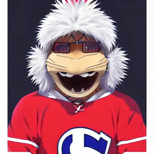 Image similar to anime Portrait of Youppi the Habs Montreal Canadiens Mascot as a very cute powerful and friendly pokemon, highly detailed anime, high evolution, 1990s, legendary, smooth, sharp focus, dynamic lighting, intricate, trending on ArtStation, illustration pokemon, art by WLOP