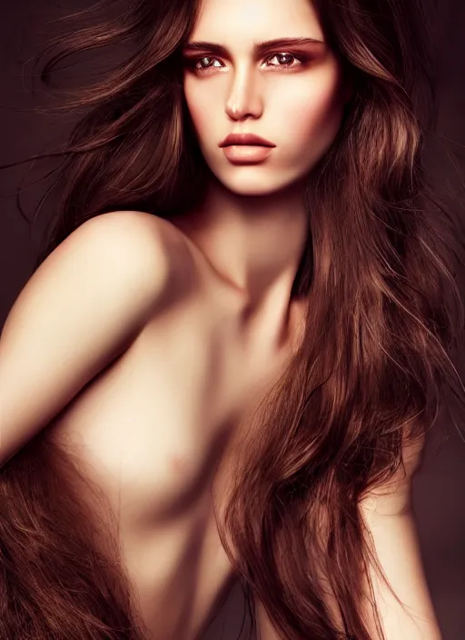 Image similar to a gorgeous female with long brown hair, photo by mert alas, mert and marcus, realistic, full body shot, wide angle, sharp focus, 8 k high definition, insanely detailed, intricate, elegant, art by stanley lau and artgerm, floating embers