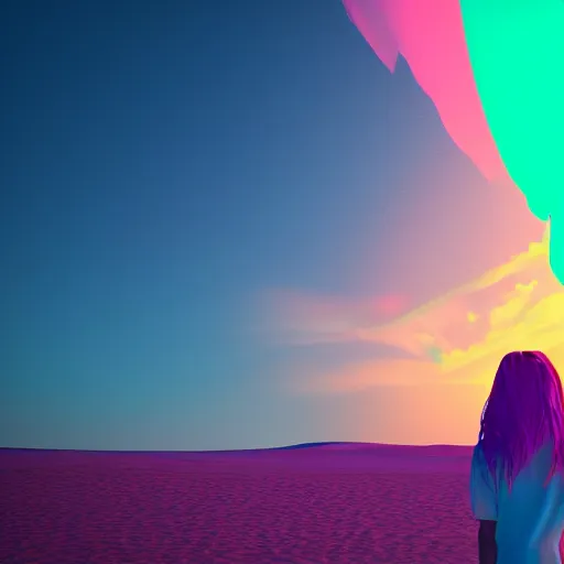 Image similar to a girl glowing with neon colors in the middle of a beautiful desert sunrise, photorealistic, 8k resolution, octane render, unreal engine