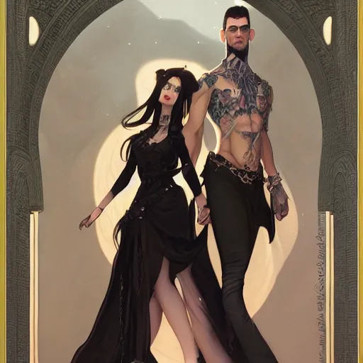 Image similar to a tall goth girl and a buff handsome man, family photo, cute, intricate, highly detailed, digital painting, artstation, concept art, smooth, sharp focus, illustration, unreal engine 5, 8 k, art by artgerm and greg rutkowski and alphonse mucha