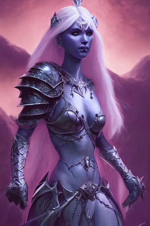 Image similar to drow princess, wearing armour, highly detailed, d & d, fantasy, highly detailed, digital painting, trending on artstation, concept art, sharp focus, illustration, global illumination, ray tracing, realistic shaded, art by artgerm and greg rutkowski and thomas cole and wayne barlowe