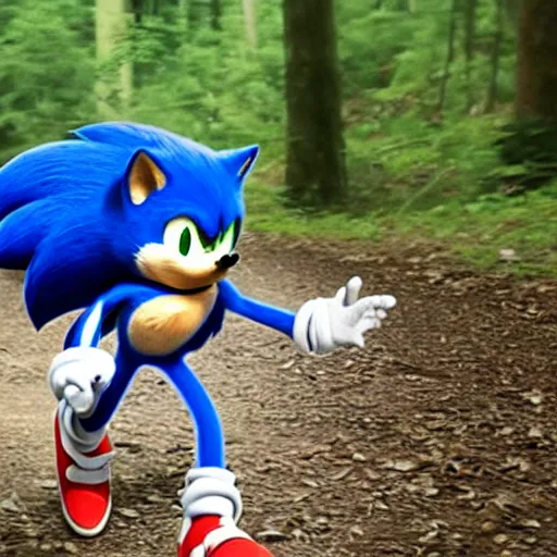 Prompt: trail cam footage of Sonic the Hedgehog