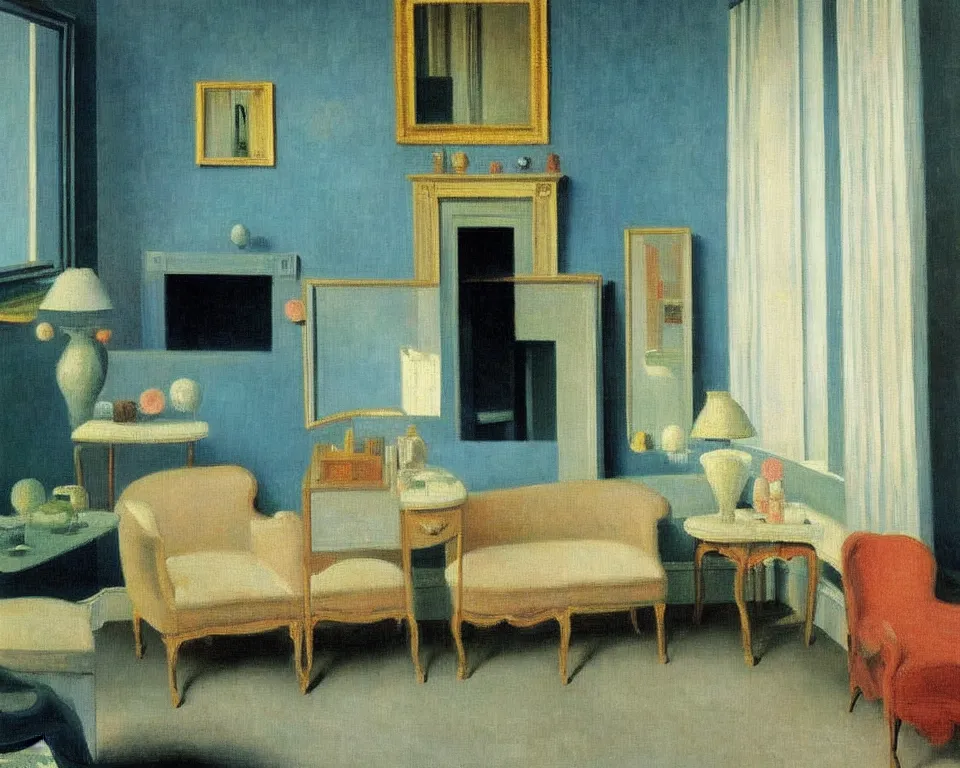 Image similar to achingly beautiful painting of a sophisticated, well - decorated, modern parlor by rene magritte, monet, and turner. whimsical.