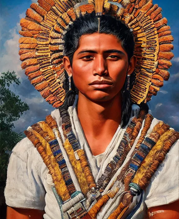 Image similar to portrait of a handsome young mayan warrior in yucatan, art by denys tsiperko and franz xaver kosler and bogdan rezunenko, hyperrealism