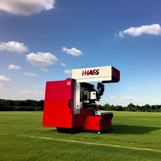 Prompt: cnc lathe from haas stands in a green field, the sky is bright red with clouds