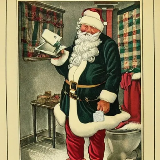 Prompt: currier and ives print showing santa claus on a toilet with his pants around around his ankles, highly detailed, family friendly