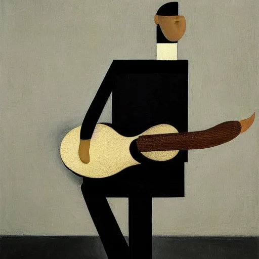 Image similar to a painting of a man playing the guitar by gertrude abercrombie. precisionism, surrealism, dark, low contrast, featured on pixiv, art on instagram, detailed painting