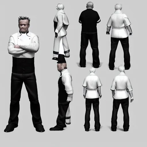 Image similar to 3 d model character sheet, multiple angles, gordon ramsay character design, fighting game, stylized 3 d graphics, ray tracing, ultra, 4 k image h - 7 4 0