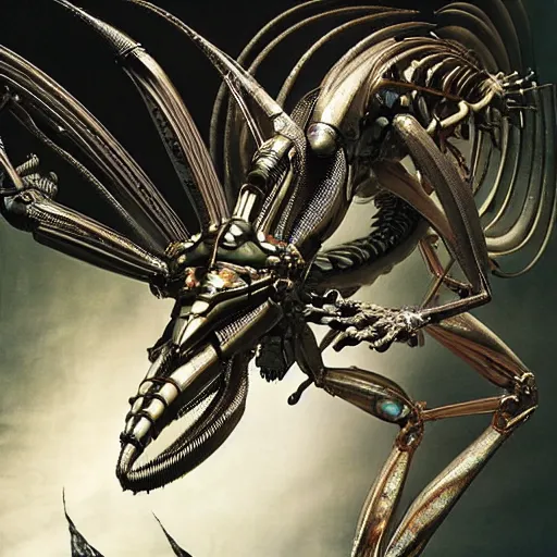 Image similar to still frame from Prometheus movie by Makoto Aida, flying biomechanical angel gynoid by giger, mimicking devil's dragon flower mantis, metal couture by neri oxmn and Guo pei, editorial by Malczewski and by Caravaggio