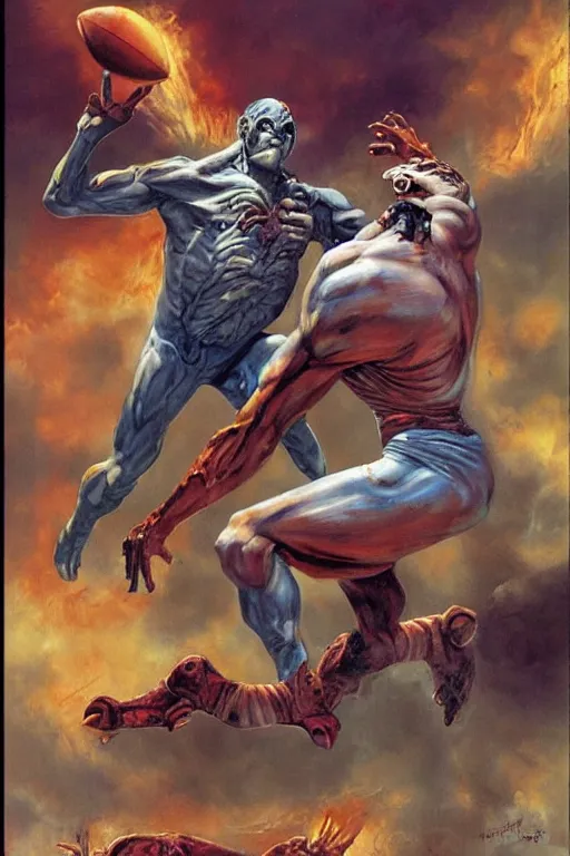 Prompt: the undead football player fights an ancient god, concept art by boris vallejo and michael whelan