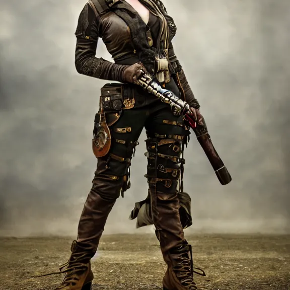 Image similar to full length photo of a very beautiful female dieselpunk warrior, 8 k, hdr, smooth, sharp focus, high resolution, award - winning photo