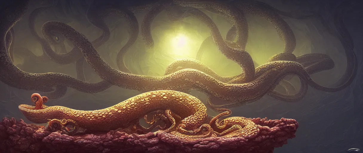 Image similar to detailed hyper realistic alien octopus ,alien snake, floating island, beautiful dramatic moody lighting, cinematic atmosphere, by Jean Giraud, Alex Grey, Zdzislaw Beksiński, Dan Mumford, Patiphan Sottiwilaiphong, Yintion J - Jiang Geping