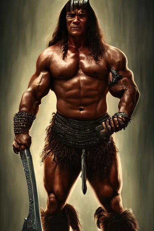 Image similar to Portrait of a Arnold Schwarzenegger as conan barbarian with a huge steel sword, elegant, photorealistic, highly detailed, artstation, smooth, sharp focus, blood ornaments, neon lighting, sci-fi, art by Klimt