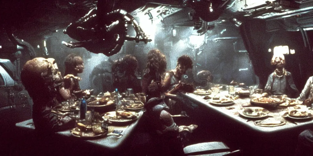 Image similar to a dinner scene within the Nostromo by Ridley Scott, Alien movie, grainy, bluish and cream tones