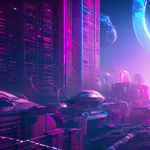 Prompt: synthwave neon megacity in space, cinematic, highly detailed, photograph, scifi, micro detail, octane render, physically based rendering, insane details, photorealism, fantasy, 8 k, cgsociety