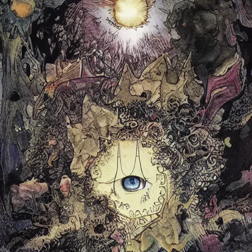 Prompt: A new dawn from the darkness, mental health, psychology, a masterpiece by M.W. Kaluta