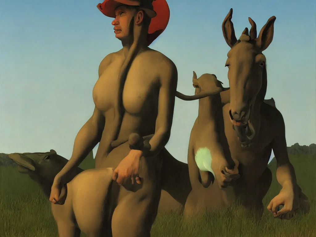 Prompt: a mule-person hybrid by Raphael, Hopper, and Rene Magritte. detailed, romantic, enchanting, trending on artstation.