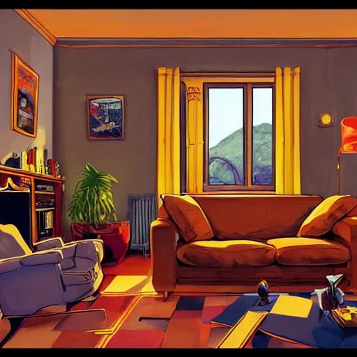 Prompt: the interior of a German living room. The mood is warm and friendly. Futurama style. highly detailed, digital painting, artstation, concept art, sharp focus, illustration, art by Josh kirby and John romita jr and moebius