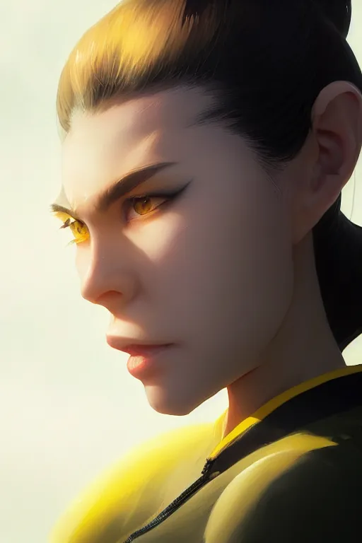 Image similar to black ponytail hair, pale woman in a black unzipped jacket, black shorts, yellow eyes, by artgerm, beautiful render, matte painting, realistic, dynamic angle, wlop, loish, octane render, sharp focus, decadent, by greg rutkowski makoto shinkai