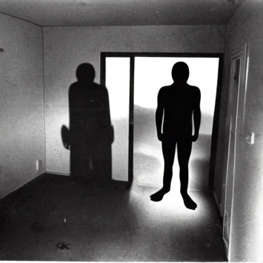 Prompt: a shadow figure standing over the body of a man in a motel room shot on a disposable camera 1 9 7 8 for'real ghost stories magazine ;