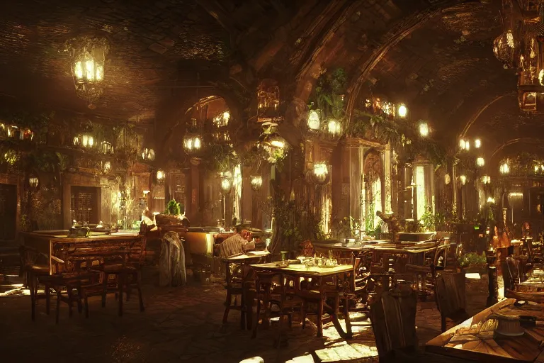 Image similar to inside a a lush tavern found in italy, artgerm, yoshitaka amano, gothic interior, 8 k, octane render, unreal engine